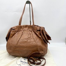Prada 2way Shoulder bag Handbag Brown Ribbon Vitello Leather 31 Authentic