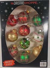 2011 The Christmas Shoppe Red Green Sparkle Plaid Dot Glass Ornaments 10pc  1.75