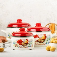 Metalac Golden Rooster Vintage Enamel Stockpot with Lid, Red Soup Pot