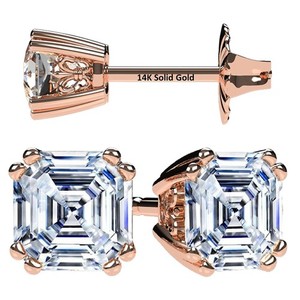 Rose Gold Plated Silver Stud Earrings With 0.75 Cttw Asscher Cz & 14K Gold Post