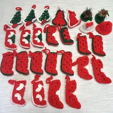 Vintage Hand Made Crocheted Christmas Ornaments Tree Stocking Bell Red Green EUC
