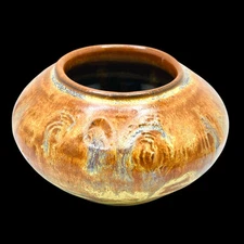 Vtg. Signed PP Pottery Earthenware Mottled Brown Blue Cream Glaze Planter 5”x3”