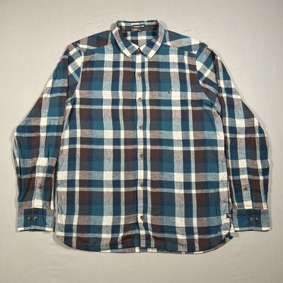 Toad & Co Men's L Large Peak Season Plaid Button Up Shirt Linen Blend Blue Teal