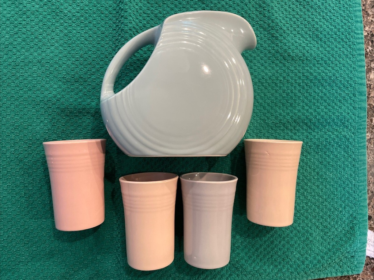 Vintage Celadon Fiesta Juice Serving Set Disk Pitcher & 4 Tumblers