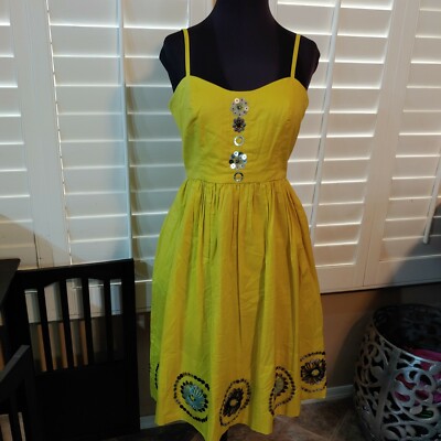 NWT ANTHROPOLOGIE YEL/JAUNE EMBROIDERED BEADED DRESS 4 $198 Yellow Chartreuse