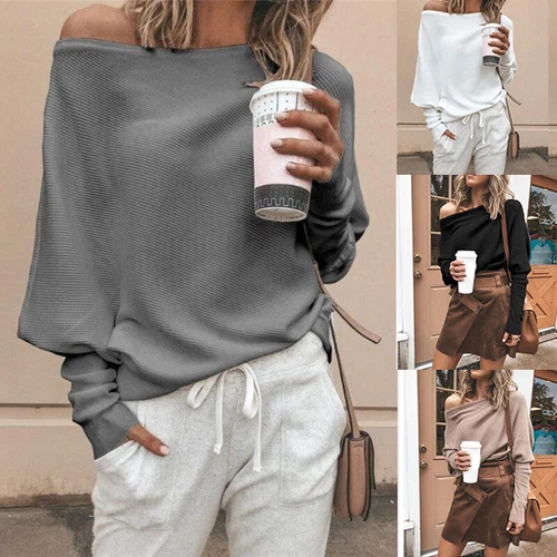 Damen One Shoulder Pullover Langarm Strick Bluse Pulli Pulli Damen Tops - Bild 2 von 19