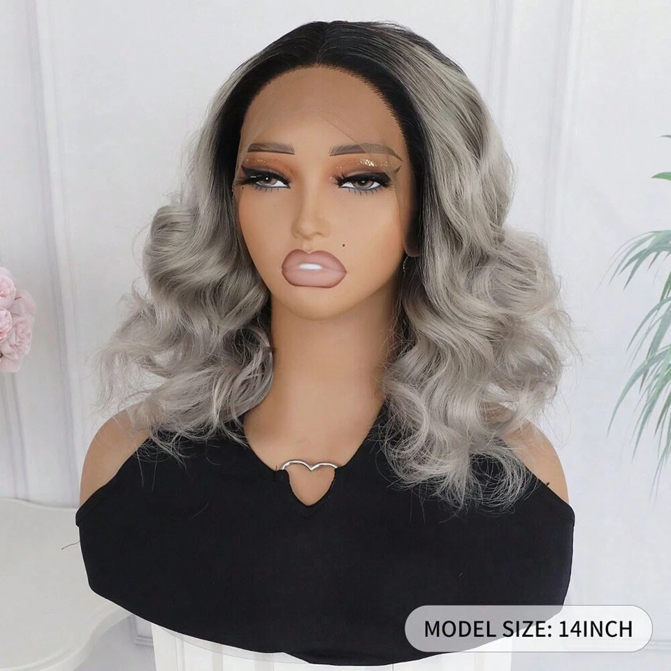 Парики Ombre серые короткие волнистые Bob 13x4 кружевные спереди синтетические теплобезопасные для женской вечеринки - Изображение 4 из 4