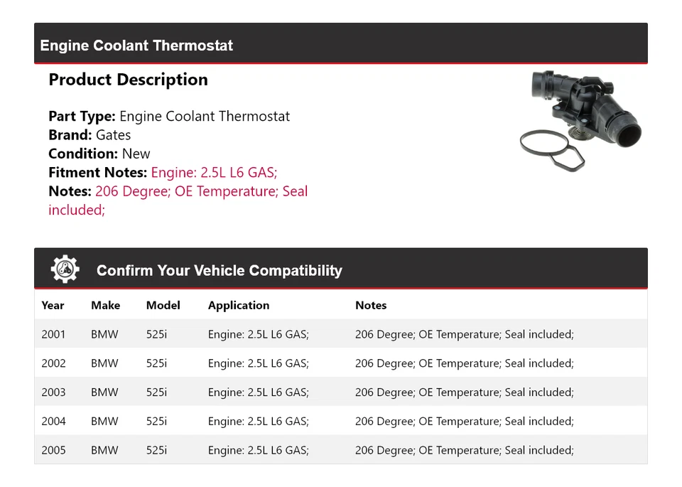 Para BMW 525i 2001-2005 2.5L L6 Motor Gas Refrigerante Termostato Puertas 2002 2003 Foto 2 de 4