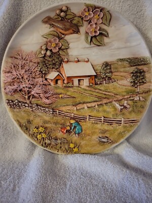 Vintage 10in 3D Hand Painted Raised Faux Majorica Plate Barn Yard Landscape T3