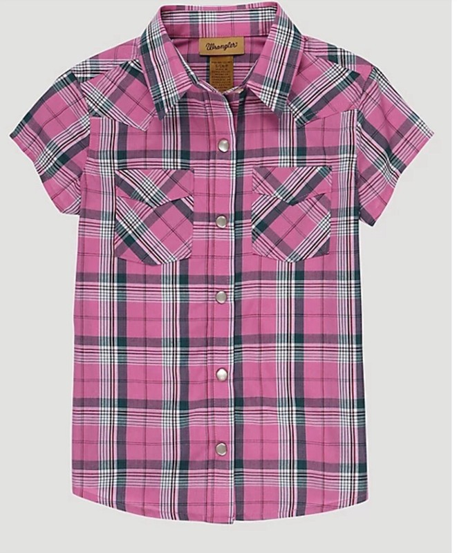 WRANGLER GIRL'S SHORT SLEEVE PLAID WESTERN SNAP SHIRT IN BUBBLE PINK