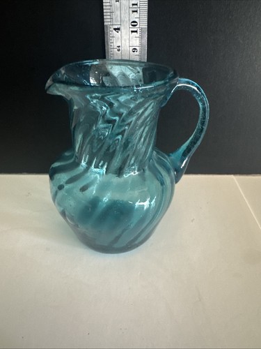 Vintage Blue Hand Blown Glass Small Pitcher Creamer w Bubbles - Picture 4 of 5