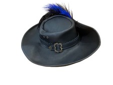 Black Leather Western Hat Wide Brim Feather Blue Gold Buckle Festival