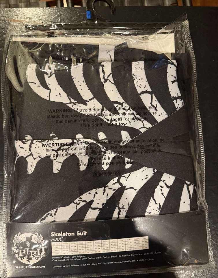 Disfraz de traje esqueleto de Halloween. Talla - XL. Chaqueta, pantalón y corbata. Nuevo en paquete Foto 2 de 2