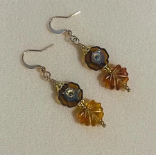 New Translucent Brown Czech Glass Flower & Maple Leaf Earrings
