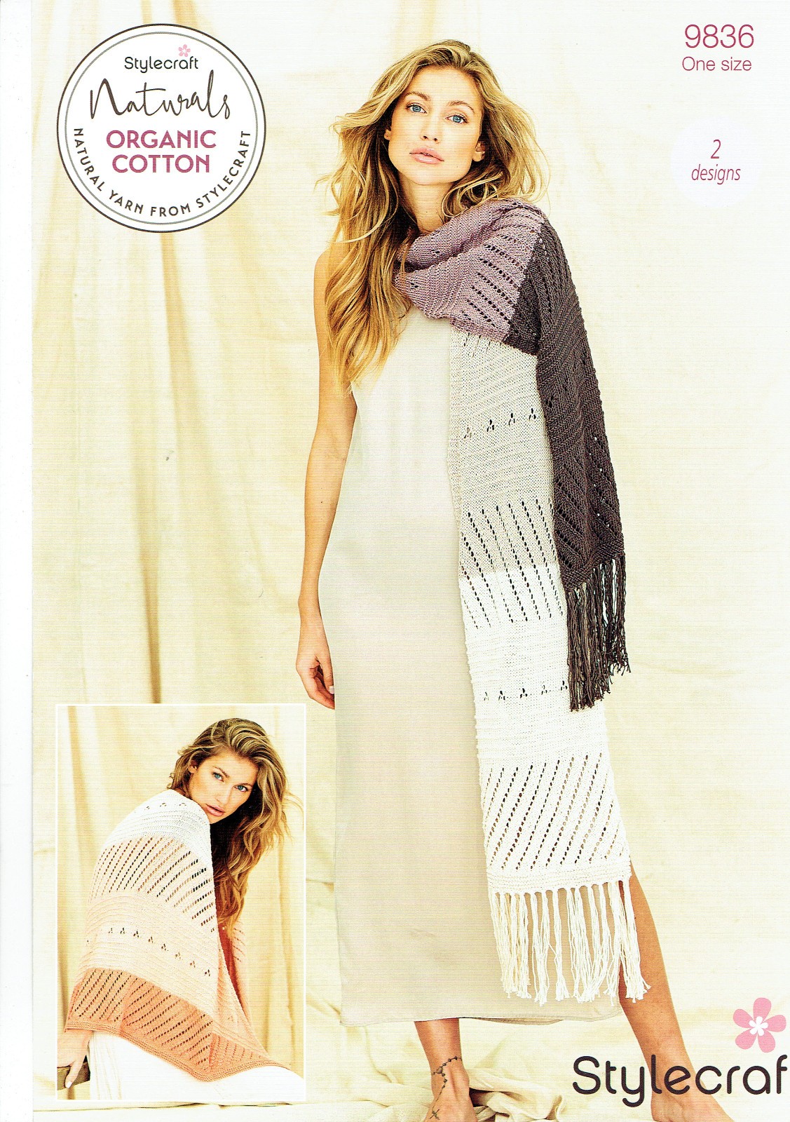 Stylecraft knitting pattern 9836 for shawl & triangular shawl to knit in DK yarn