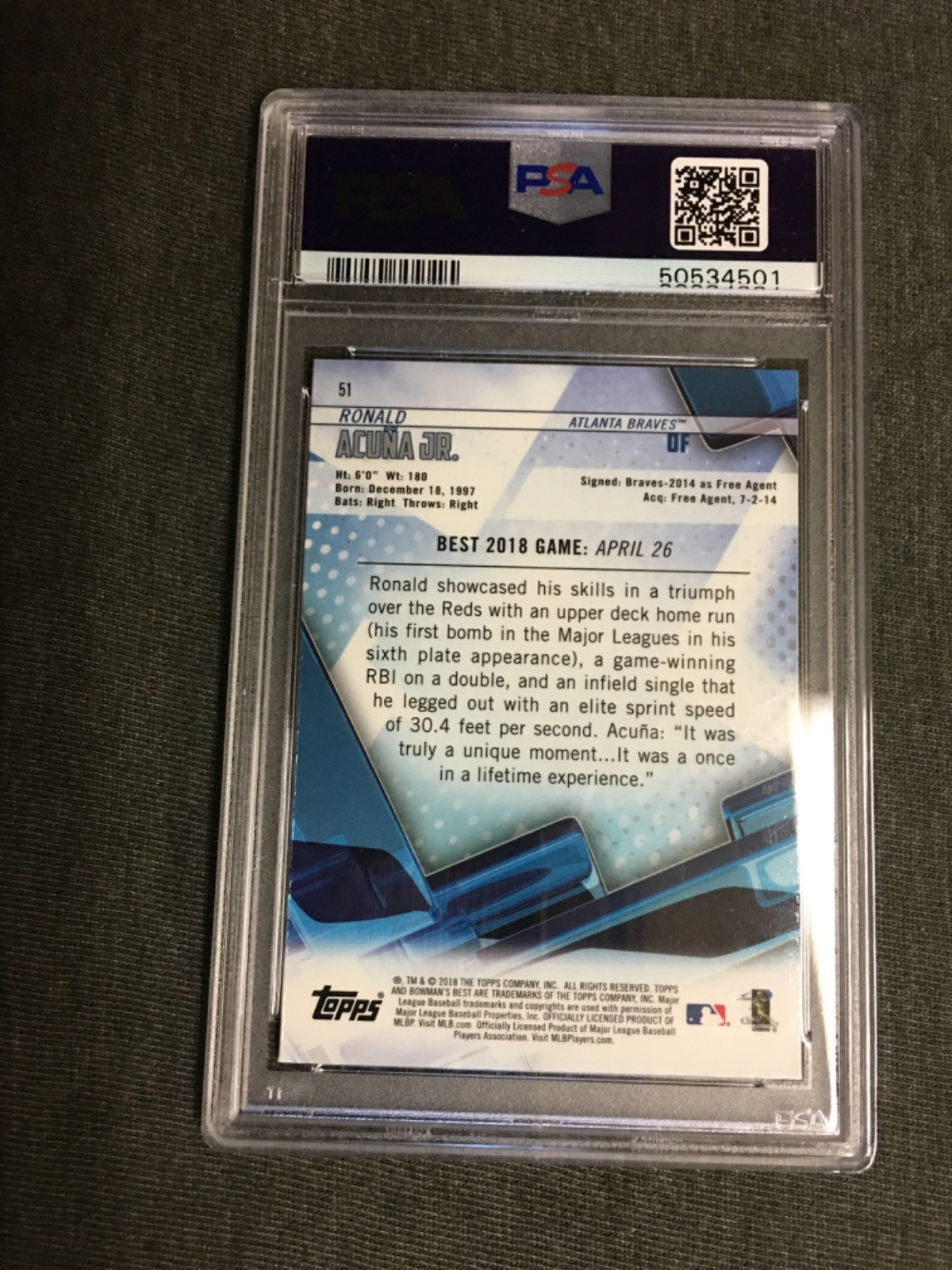 2018 Bowman's Best RC #51 Ronald Acuna Jr. PSA 9 view 2
