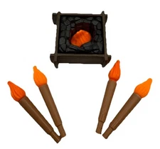 Four Playmobil Torches & Fire Pit Accessory For Castle, Pirate, Or Western Sets