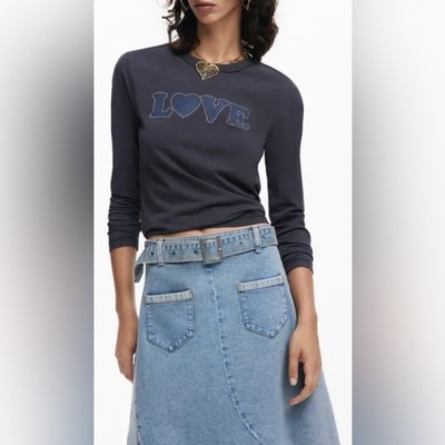 Desigual Carla Rhinestone Embellished  LOVE  Long Sleeve T-Shirt, Size Large