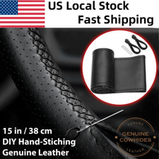 Genuine Leather DIY Car Steering Wheel Cover Anti-slip For 15"/38 cm Black US