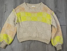 Miss Love Women’s Beige And Neon Multicolor Fuzzy Chunky Knit Sweater Size Small