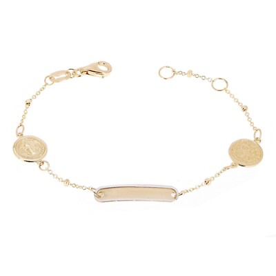 Italienisches 14k zweifarbiges Gold ST. BENEDICT MEDAILLON Baby Kinder Ausweis Armband 5,5'' 2g