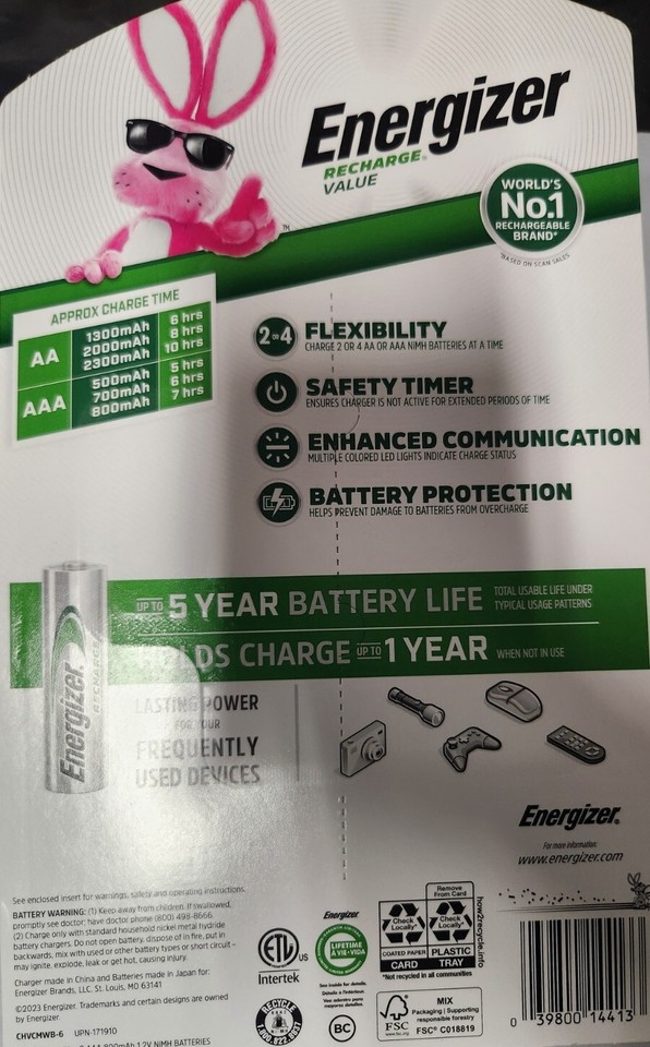 Energizer NiMH Battery Charger 4 AA and 2 AAA Rechargeable Batteries