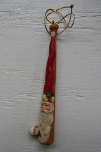 Vintage Resin Baseball Bat & Ball Santa Claus Christmas Ornament ~ 5 3/8" T #1