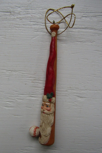 Vintage Resin Baseball Bat & Ball Santa Claus Christmas Ornament ~ 5 3/8" T #1