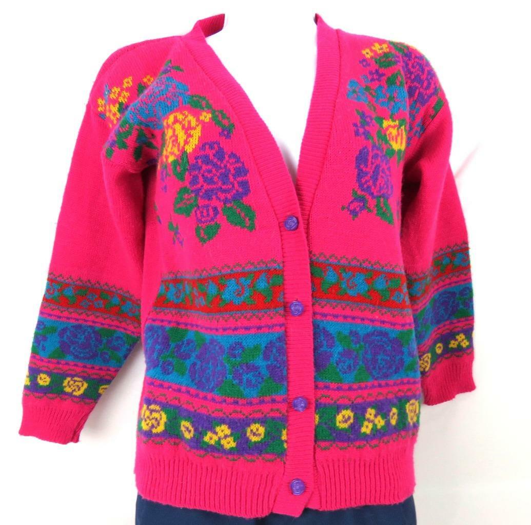 Cardigan Sweater Hot Pink Floral Design 