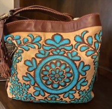 Rare Vintage Isabella Fiore Beaded Turquoise Oh Suzani Corina Leather Bag