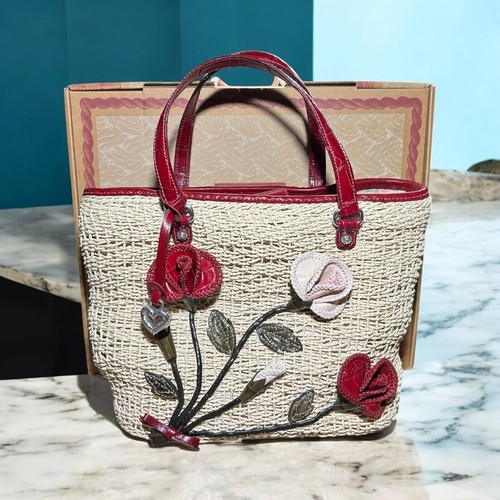 Brighton Patricia Straw Floral Deep Red Leather Handbag/Tote with Box & Bag