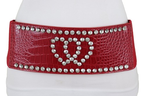 Women Red Elastic Wide Belt Hip High Waist Silver Heart Love Friendship Size S M - Picture 18 of 23