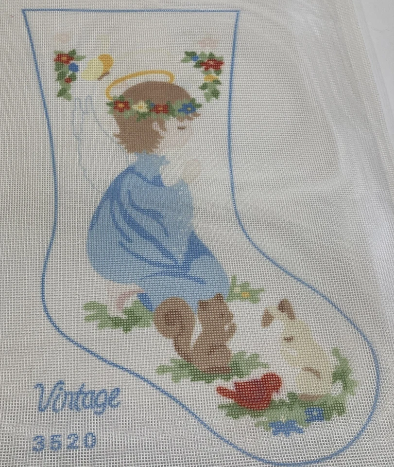 “Vintage” Needlepoint Canvas Christmas Stocking Boy Angel Blue Animals Trees 14 - Image 2 of 4