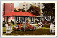 Rochester Minnesota~Damon Hotel & Hospital Park~Folks Sit in Sun~1920s Postcard