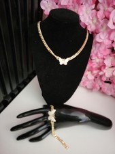 Gold Tone Butterfly Necklace Bracelet Jewelry Set, Metal, No Stones
