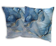 Throw Pillow Cover 18x18 in, Decorative Pillow Cases Set of 2 Blue Gold Marble