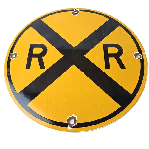 Vintage Railroad Crossing Porcelain Sign - RR X Yellow Warning Sign