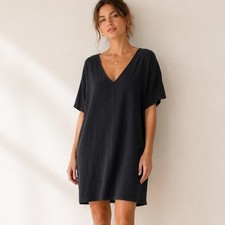 Madewell Dress Womens Medium Black V-Neck Short Sleeve Crepe Shift Slit M