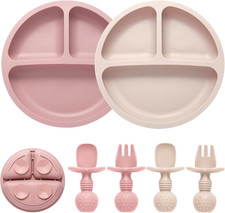 Silicone Feeding Set, 2 Pack Divided Toddler Plates with Suction, 2 Pack Utensil