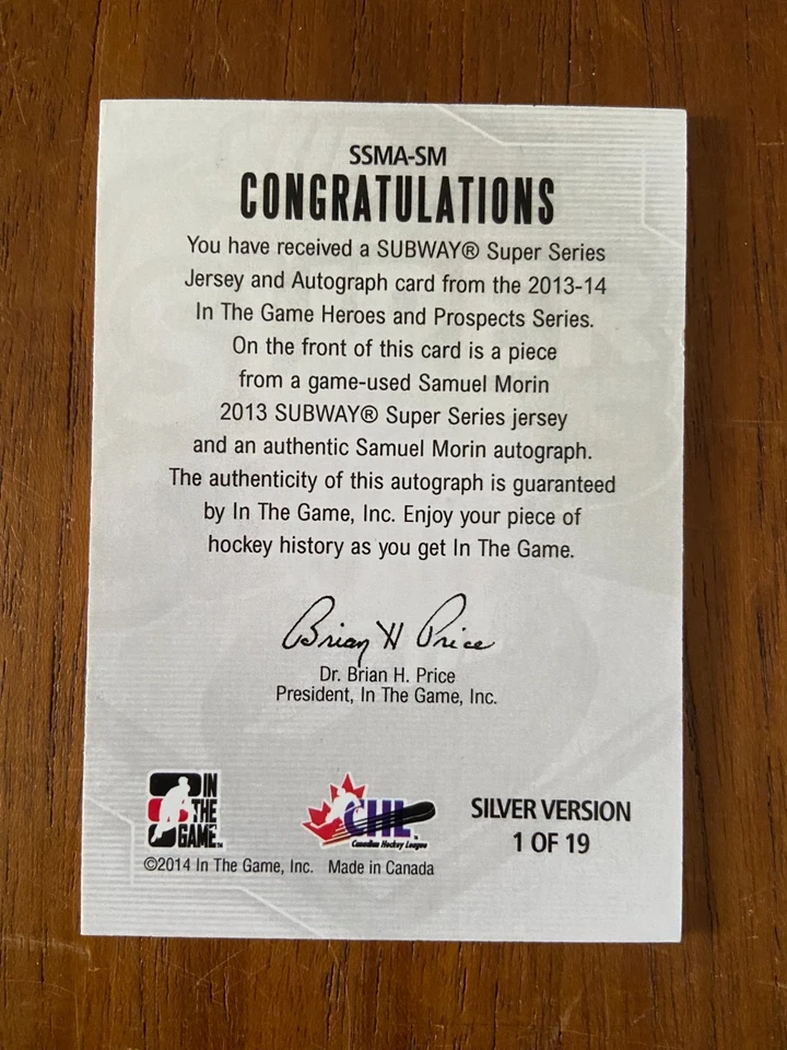 2013-14 Heroes & Prospects Subway Series Samuel Morin/19 parche de novato automático Foto 2 de 2