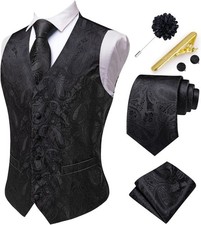 Mens Formal Wedding Vest Tie Pocket Square Set Silk Paisley V Neck Waistcoat
