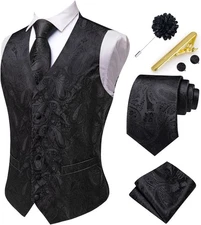 Mens Formal Wedding Vest Tie Pocket Square Set Silk Paisley V Neck Waistcoat