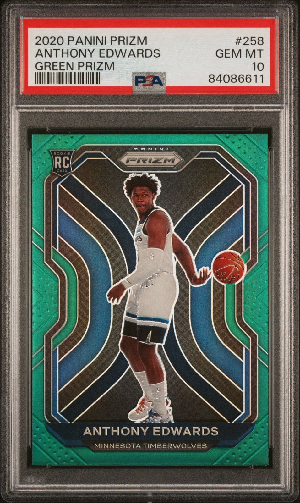 Panini 2020-21 Prizm Anthony Edwards Timberwolves Green Prizm RC #258 PSA 10