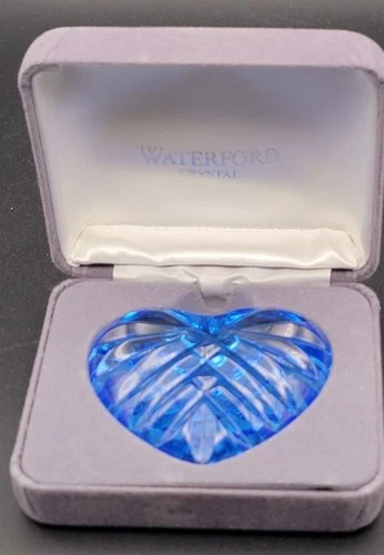 vintage Waterford Crystal Blue Heart Hand Cooler Paperweight In Velvet Box