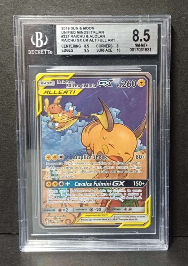 2019 Pokemon Raichu & Alolan Raichu GX 221/236 Unified Minds ITA BGS 8.5 Alt Art