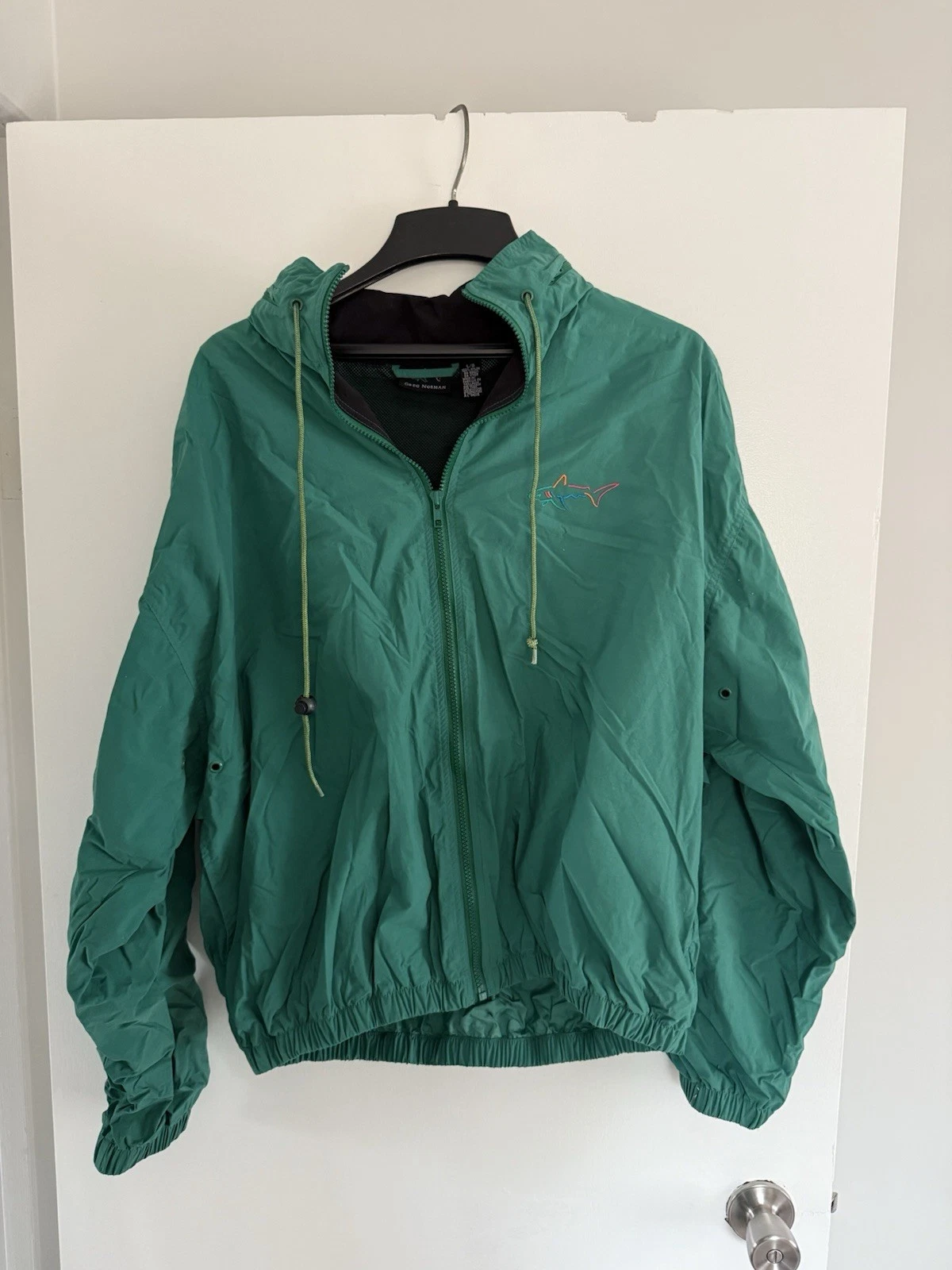 Greg Norman Mens Large Full Zip Windbreaker Rain Jacket Green Hooded Size Large