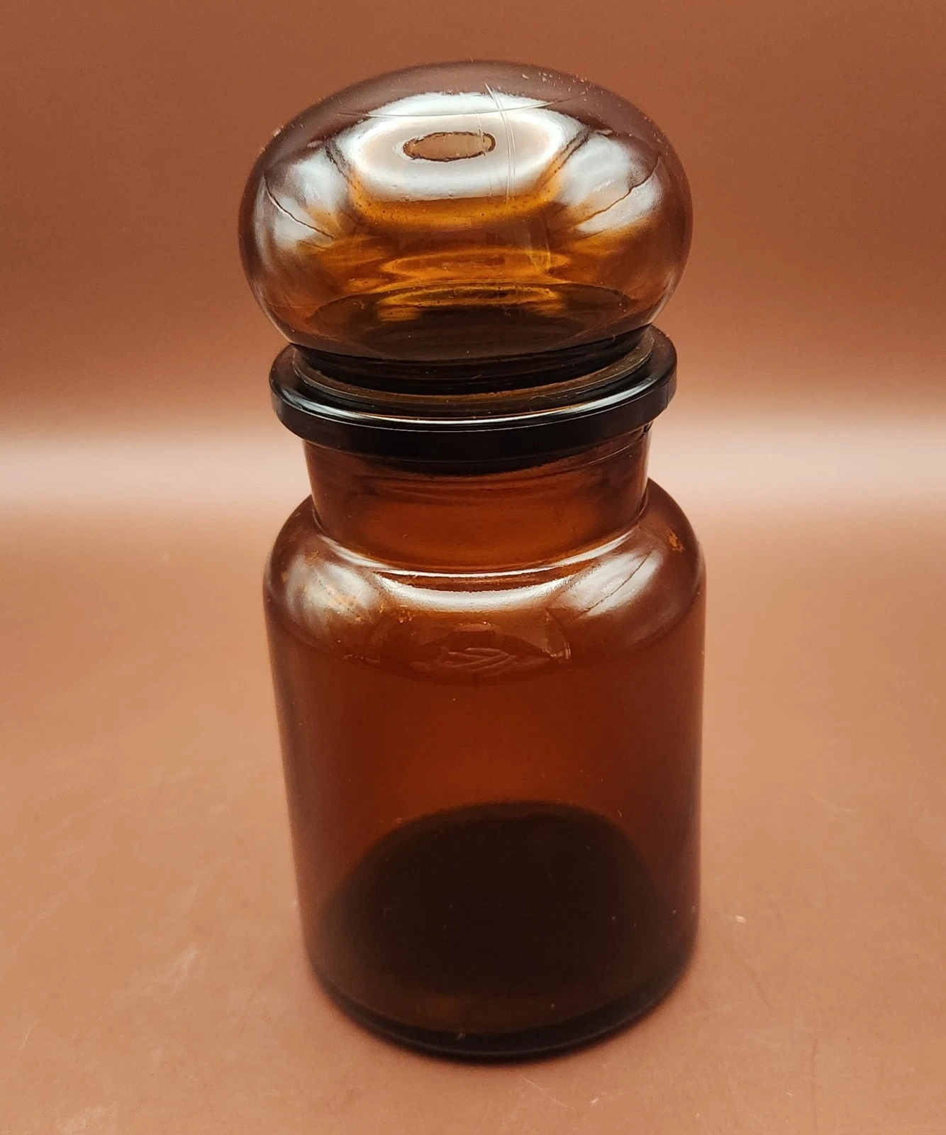 Vintage Belgian Amber Glass Apothecary Jar Bubble Lid 5.5" Tight Seal Belgium