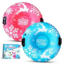 Snow Tubes for Kids, Plastic Snow Sleds with Handles, Inflatable Blow Up Sled