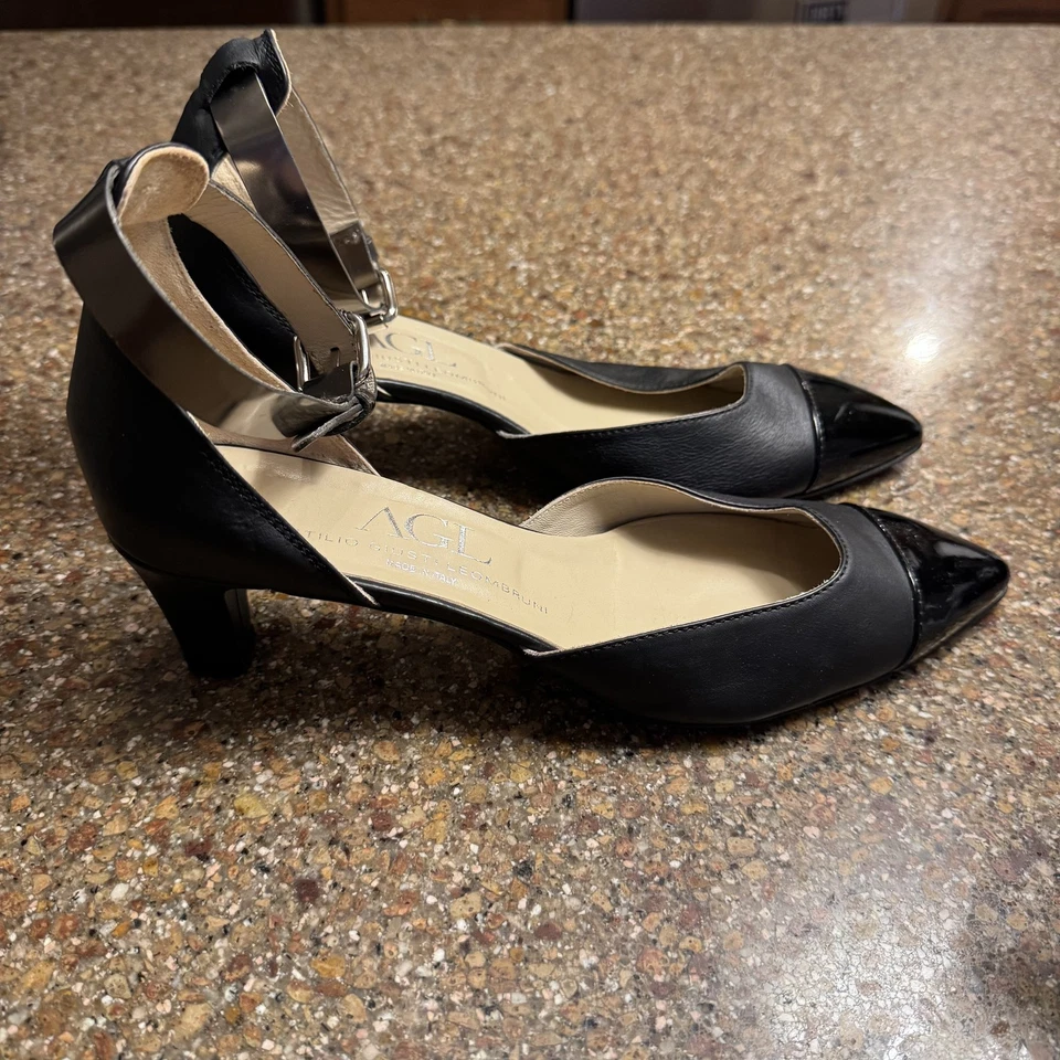 AGL D'Orsay Tacones Zapatos Mujer EU 40 US 10 Cuero Negro Correa al Tobillo Hecho en Italia Foto 4 de 4
