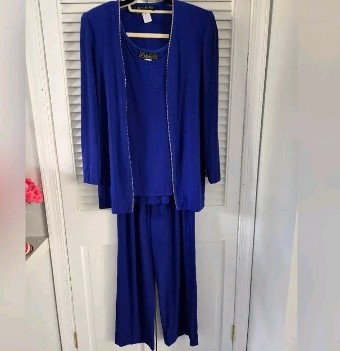Alex Evenings Blue 3 Piece Pant Suit Set Rhinestone Trim Jacket Top Pants Sz 6  - Image 2 of 4